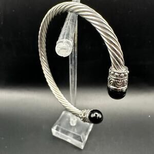 Silver tone black ball cuff bracelet Casual Boho Bohemian Costume Jewelry